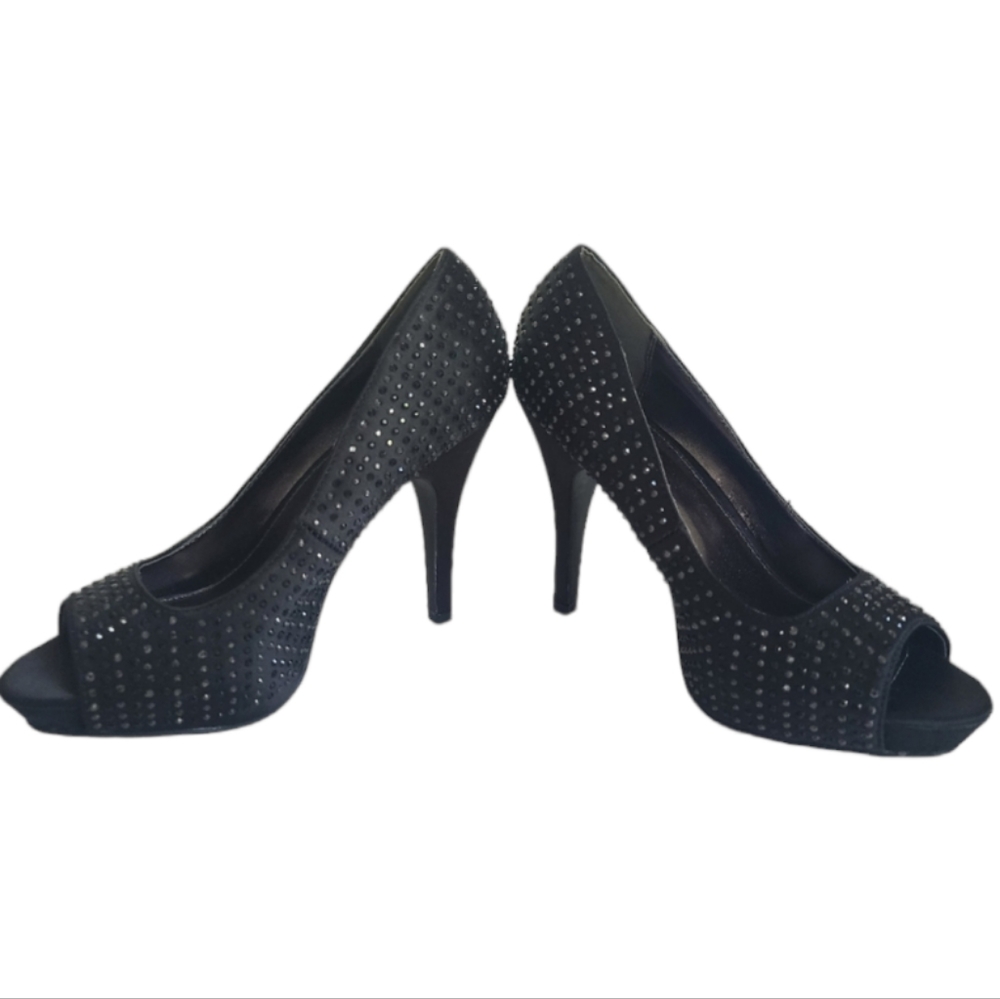 Rampage Gimme Platform Pumps Heels Shoes Black Satin Rhinestones Size 7.5
